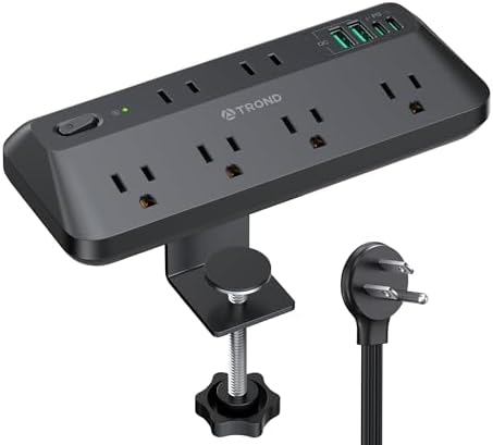 TROND 20W USB C Desk Clamp Power Strip - 1700J Surge Protector with 7 Outlets, Desktop Edge Mount Extension Cord, Fit 1.97" Tabletop, 6FT Flat Plug for Teacher Must Haves, Office, ETL List, Black