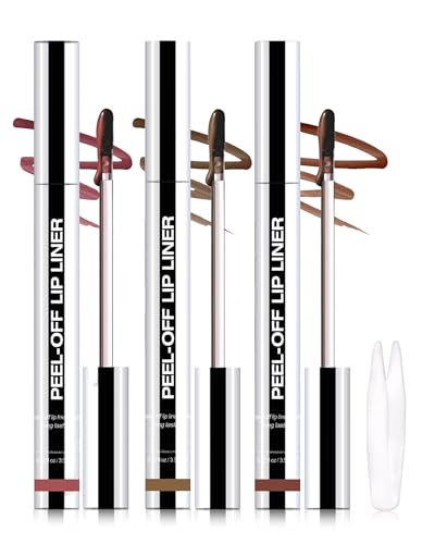 Erinde 3PCS Peel Off Lip Liner Stain, Long Lasting Tattoo Lip Liner with Tweezer, Matte Finish Peel Off Lip Stain, Waterproof Transfer Proof, Non-Stick Cup Nude Lip Lipliner Stain