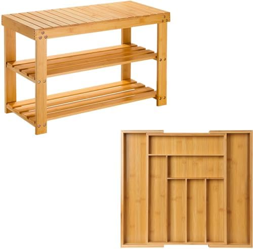 Pipishell Bamboo Expandable Drawer Organizer for Utensils Holder and Bamboo Shoe Rack Bench