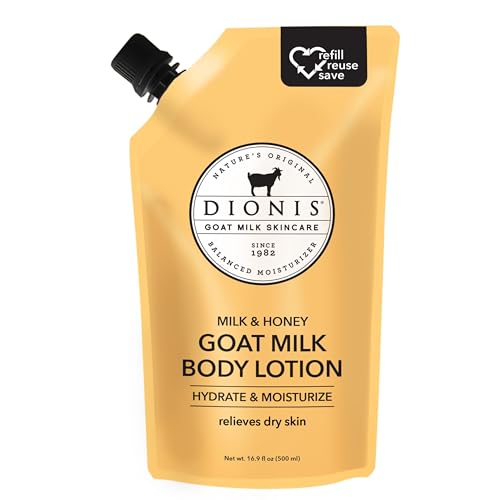 Dionis Goat Milk Skincare Body Lotion 16.9oz Refill Pouch, Cruelty Free Clean Ingredients & Dermatologist Tested Lotion for Dry Skin, Hydrating & Deeply Moisturizing Rich in Vitamins, Milk & Honey