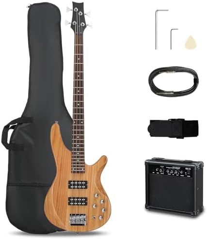 Ktaxon 4 String Electric Bass Guitar, Full Size Standard Right Handed Rosewood Fingerboard Beginner Kit with Cable Wrench Tool (Upgraded Natural With AMP)