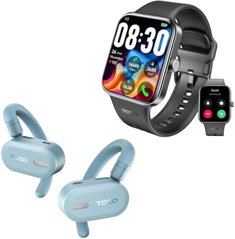 TOZO S4 AcuFit One Smartwatch 1.78-inch Bluetooth Talk Dial Fitness Tracker Black O2 Lightweight True Open Ear Wireless Earbuds Blue
