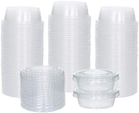 Galashield [100 Sets] 1.5 oz Small Plastic Containers with Lids, Jello Shot Cups with Lids, Disposable Portion Cups, Condiment Containers with Lids, Souffle Cups for Sauce and Dressing