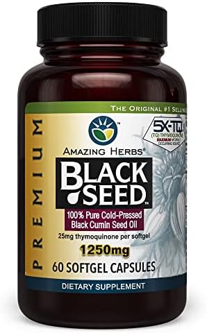 Amazing Herbs Premium Black Seed Oil Capsules - High Potency, Cold Pressed Nigella Sativa Aids in Digestive Health, Immune Support & Brain Function - 60 Count, 1250mg