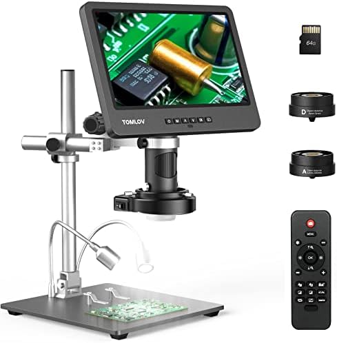 TOMLOV DM602 Pro 10.1" HDMI Digital Microscope 2000x, Pro Boom Arm Stand, LCD Soldering Microscope with 3 Lens, Adults Microscope for Electronics Repair, Coin Microscope Ring Light, PC Compatible, 64G