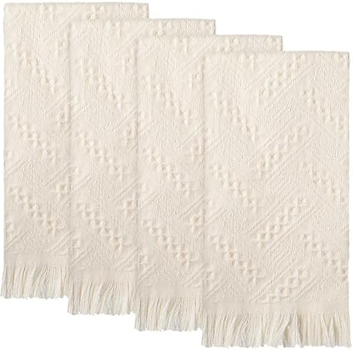 Boho Hand Towels Set of 4 Turkish Cotton 14 x 30 Inch Decorative Absorbent Face Head Towel for Bathroom Kitchen Decor Farmhouse Spa Gym Guest Gift(Beige)