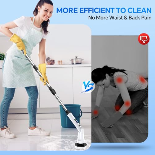 Electric Spin Scrubber, Shower Scrubber with Long Handle, IPX7 Waterproof Bathroom Cleaner Brush, Cordless Electric Cleaning Brush with 7 Replaceable Brush Heads, 2 Speeds Scrubber for Floor Tile Tub