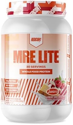 REDCON1 MRE Lite Whole Food Protein Powder, Juniors, Raspberry Swirl Cheesecake - Low Carb, Whey Free Meal Replacement with Animal Protein Blends - Easy to Digest Supplement with MCT Oil (30 Servings)