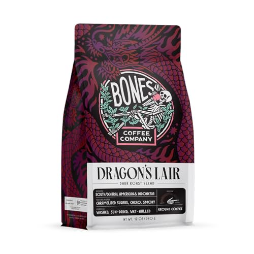 Bones Coffee Company Dragon's Lair Flavored Coffee Beans, Dark Roast Ground Coffee Low Acid (12 oz)