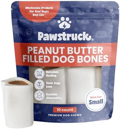 Pawstruck Small 3" Filled Dog Bones, Peanut Butter Flavor - Made in USA Long Lasting Stuffed Femur for Aggressive Chewers Dental Treat - Pack of 10 - Packaging May Vary