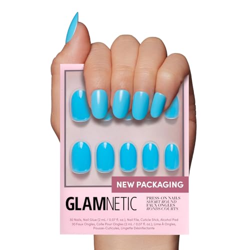 Glamnetic Press On Nails - Azure Blue | Opaque Bright Blue Short Round Fake Nails, Reusable | 12 Sizes - 30 Nail Kit