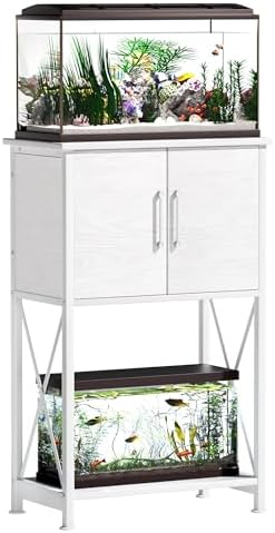 5-10 Gallon Fish Tank Stand, Metal Double Aquarium Stand with Cabinet for Fish Tank Accessories Storage, Heavy Duty 20.5" L* 11.02" W Tabletop, 500LBS Capacity White PG06YGW