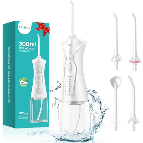 COSLUS Water Dental Flosser Pick for Teeth: 4 Modes Cordless Portable 300ML Larger Tank Water Teeth Cleaner IPX7 Waterproof Flossing Cleaning Picks for Home Travel FC5360