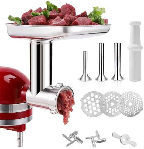 Food Grinder Attachment for KitchenAid Mixers,Stainless Steel Dishwasher Safe Meat Mincer Accessories Set Included 3 Sausage Stuffer Tubes