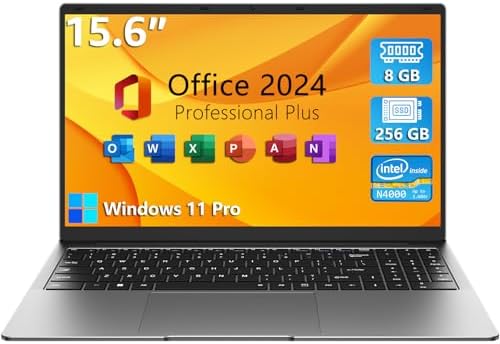 TPV 15.6" Windows 11 Pro Laptop, MS Office 2024, 8GB RAM 256GB Storage, Intel Celeron N4000(up to 2.6GHz) 100% sRGB Screen, 2.4G/5G Dual Band WiFi, BT4.2, USB-A, Long Battery Life, Silver