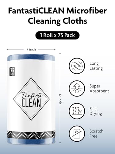 Fantasticlean Microfiber Cleaning Cloth Roll -75 Pack, Tear Away Towels, 12" x 12", Reusable Washable Rags (Navy Blue)