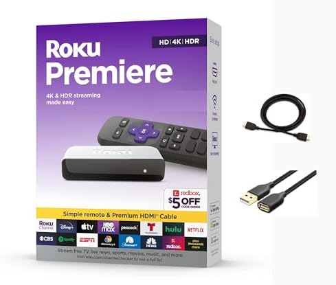 Roku 3920RW-SW Premiere, 4K/HDR Streaming Media Player, Wi-Fi Enabled, with Premium High Speed HDMI Cable and Simple Remote
