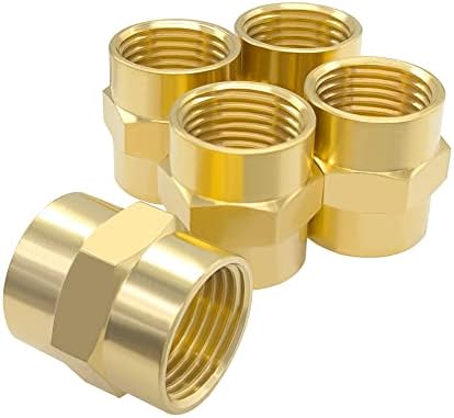 Hooshing 5PCS Brass Pipe Fitting Air Hose Fittings Coupling 1/2" x 1/2" NPT Female Coupler Hex Head Pipe Fitting