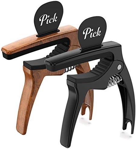3in1 Guitar Capo for Acoustic and Electric Guitars,2 Pack(with Pick Holder and 6 Picks),Ukulele,Strings Accessories (Black&Wood)