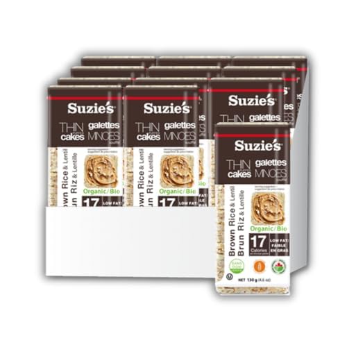 Suzie's Organic Lentil & Brown Rice Cake Thins|12 Pack|Lightly Salted Low Sodium|USDA Organic, NON-GMO, Fat-Free, Sugar-Free, Gluten-Free|20 Calories Per Slice|Bread & Cracker Replacement