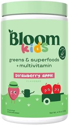 Bloom Nutrition Superfood Greens Powder for Kids, Digestive Enzymes, Probiotics, Prebiotics, Gut Health, Chlorella, Green Juice Mix w/Beet Root Powder (25 Servings (Pack of 1), Strawberry Apple)