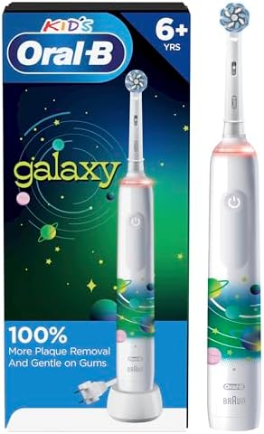 Oral-B Kids Electric Toothbrush with Coaching Pressure Sensor and Timer, Rechargeable Toothbrush with Brush Heads, Galaxy