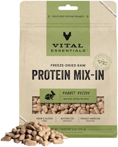 Vital Essentials Freeze Dried Raw Protein Mix-in Dog Food Topper, Rabbit Mini Nibs Topper for Dogs, 6 oz