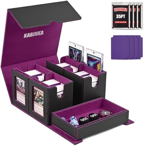 Card Deck Box for MTG with Commander Display, 5 in 1 Card Storage Box Fits 400+ Double-sleeved Cards, Removable Deck Case for TCG/Sports Cards with Dice Tray, 4 Magnetic Card Holders (Black Purple)