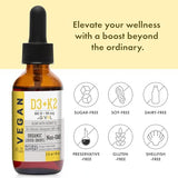 Vitamin D3 + K2 Liquid Drops (MK4 & MK7) Organic Fractionated Coconut Oil, Plant-Based, Gluten-Free, Dairy-Free, Soy-Free, Nut-Free - High Potency, Derived from Lichen & Natto, 2oz 240 Days Supply