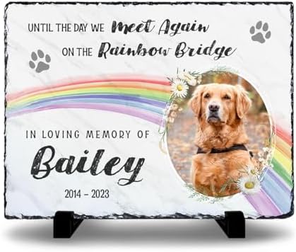 Rainbow Bridge Dog Memorial Gifts for Loss of Dogs - Custom White Slate Stone in Loving Memory of Cat, Grave Marker to Decor Bereavement, Engraved Paw Prints on Pet Lovers' Hearts