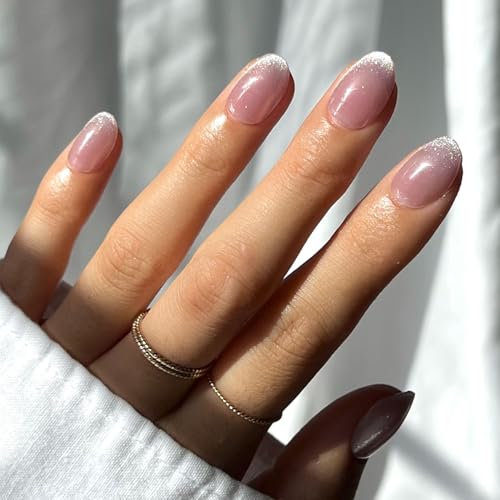 Glamnetic Press On Nails - Fairy Dust | Short Oval Beige-Pink Nails with a Mesmerizing Metallic Finish | 15 Sizes - 30 Nail Kit with Glue
