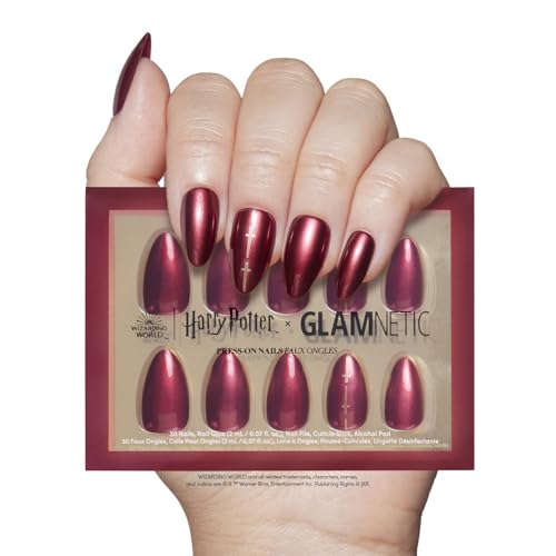 Harry Potter™ x Glamnetic Press On Nails - Gryffindor™ | Scarlet Red Lightning Graphic Short Almond False Nails, Reusable Stick On Fake Nails with Glue | Salon Quality | 15 Sizes - 30 Nail Kit