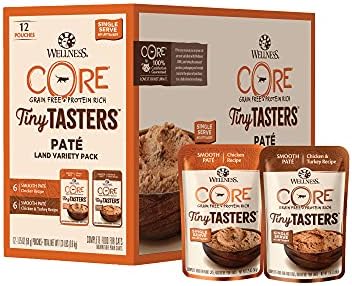 Wellness CORE Tiny Tasters Wet Cat Food Topper, Grain Free, Complete & Balanced Nutrition Made with Real Meat, No-Mess Pouches, (Adult Cat, Land Variety Pack), 1.75 Ounce (Pack of 12)