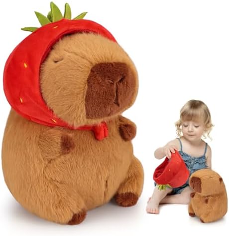 Emoin Capybara Plush Toy with Strawberry Hat 9.8 Inch Kawaii Capybara Plushie Soft Capybara Valentines Stuffed Animals Doll Strawberry Capybara Valentines Day Gift for Her