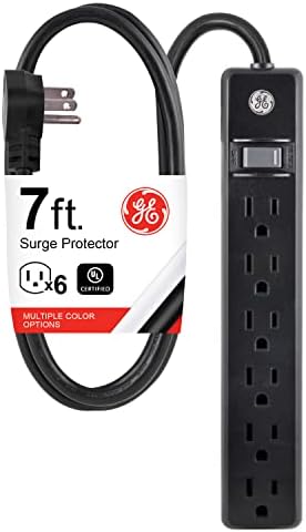 GE 6-Outlet Power Strip, 7 Ft Power Cord, Flat Plug, 3 Prong Outlet, UL Listed, Black