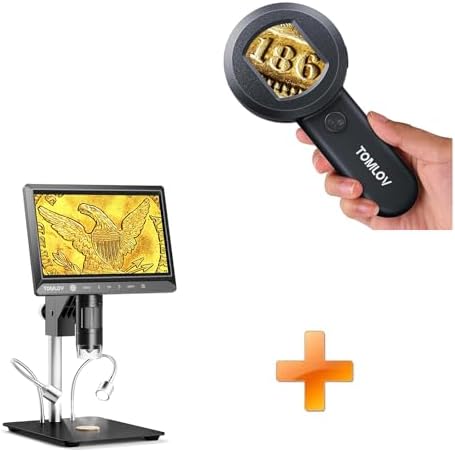 TOMLOV P10 Microscope for Adults Kids, Handheld Coin Magnifier with Light for Error Coins, Collector Portable 100X Jewelers Loupe+DM702