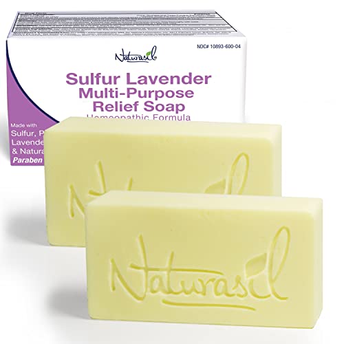 Naturasil 10% Sulfur Lavender Soap Treatment Natural Relief for Acne, Bug Bites, Warts, Mites, Eczema, Itching, Discomfort | for Kids & Adults: Face & Body Soap | 4oz Bars (2)
