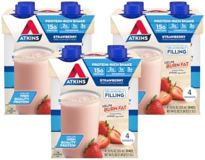 Atkins Strawberry Protein Shake, 15g Protein, Low Glycemic, 2g Net Carb, 1g Sugar, Keto Friendly, 12 Count