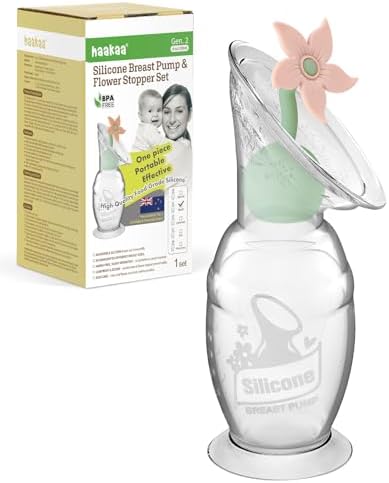 haakaa Manual Breast Pump with Flower Stopper Set, Gen.2 Silicone Hand Pump with Suction Base, BPA Free (4oz/100ml, Blush)