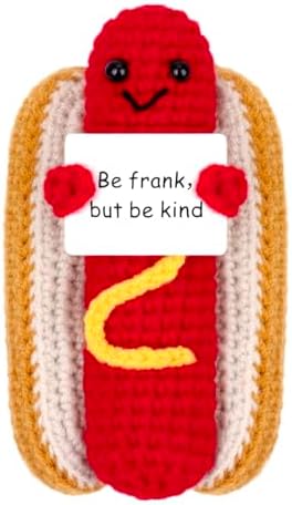 Funny Positive Hot Dog, Emotional Support Hot Dog, Cute Crochet Potato Partner Toy with Positive Card Cheer Up Funny Gag Gifts(Hot Dog)