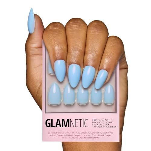 Glamnetic Press On Nails - Soft Blue | Short Almond Blue, Glossy Light Blue Fake Nails, Reusable Spring Nails | 15 Sizes - 30 Nail Kit with Glue
