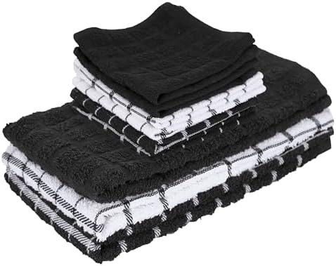 Ritz Premium 3-Pack Kitchen Towel & 6-Pack Dish Cloth Set, Highly Absorbent, Super Soft, Long-Lasting, 100% Cotton Terry Drying Kitchen Cleaning Cloths, Black