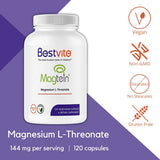 BESTVITE Magtein Magnesium L-Threonate Capsules - 2000mg per Serving (120 Vegetarian Capsules) - Patented and Bioavailable Magnesium - No Stearates - No Fillers - Vegan - Non GMO - Gluten Free