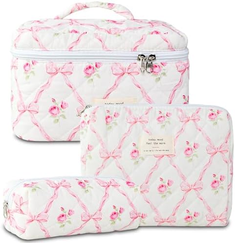 3Pcs Cotton Quilted Makeup Bag Large Travel Cosmetic Bag Coquette Makeup Pouch Cute Aesthetic Floral Toiletry Bag for Women Girls (flower-R)