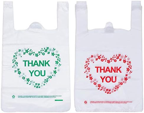 LazyMe Thank You T Shirt Bags Plastic Grocery Bags White Sturdy Handled Merchandise Bags,Standard Supermarket Size, 12 x 20 inch (100 pcs)