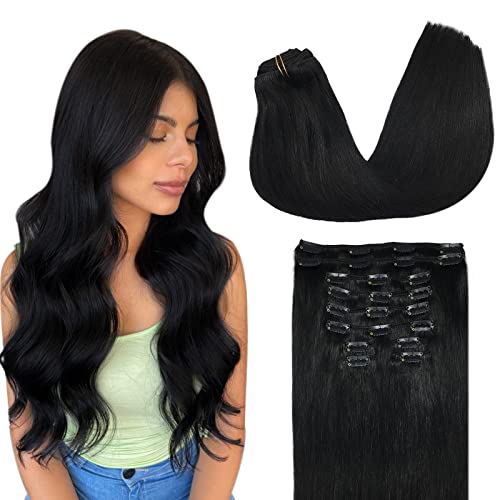 MAXITA Clip in Hair Extensions Real Human Hair, 14 Inch 10pcs 155g Jet Black, Remy Human Hair Extensions Clip in Straight Hair Extensions Clip in Natural Hair