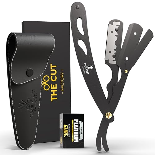 The Cut- Factory- Straight Razor with Pack Of Platinum Treet Single Blade Razors for Men- Professional Barber Straight Edge Razor for Close Shaving 100 Percent Stainless Steel-Black