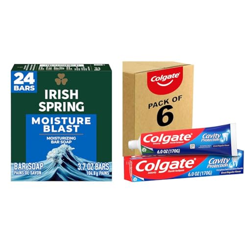 Irish Spring Bar Soap for Men, Moisture Blast, 3.7 Oz, 24 Pack & Colgate Cavity Protection Toothpaste with Fluoride, Great Regular Flavor, 6 Ounce (Pack of 6)