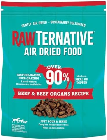RawTernative Air Dried Dog Food, High Protein, Over 90% Real Beef & Beef Organs + New Zealand Green Lipped Mussels, Complete Meal or Topper, Grain Free, Gluten Free, Non GMO, (5 lb Bag)