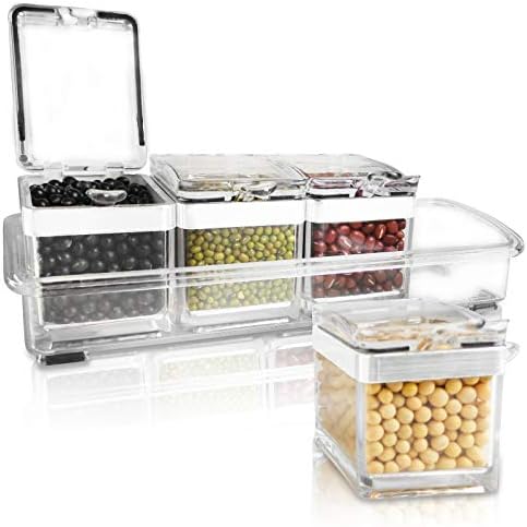 K.E.J. Seasoning Box with Rack,Clear Spice Jars with Cover and Spoon,Thanksgiving Acrylic Kitchen Organization Containers for Spice Salt Sugar Cruet(4 Cells)
